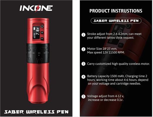 1500mAh Kablosuz Dövme Silahı INKONE SABER Coreless Dövme Makine Kalemi Güçlü Motor Uzun Vuruş 4.2mm Uçak Alüminyum Tedarikçi