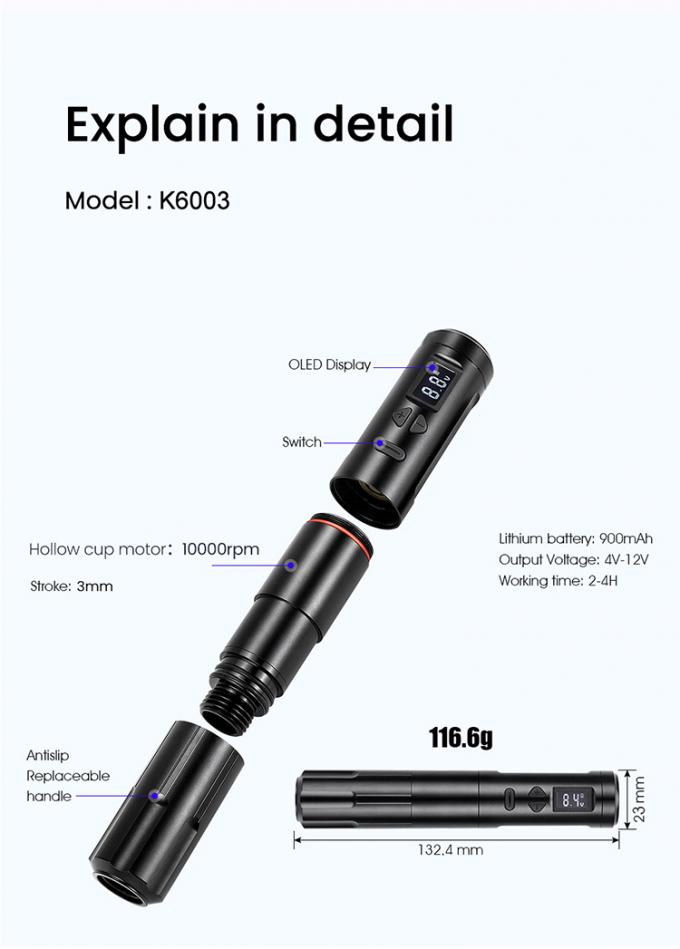 Güçlü RCA Kablosuz Kalıcı Makyaj Makinesi 2.7mm Vuruş Dövme Makinesi 0